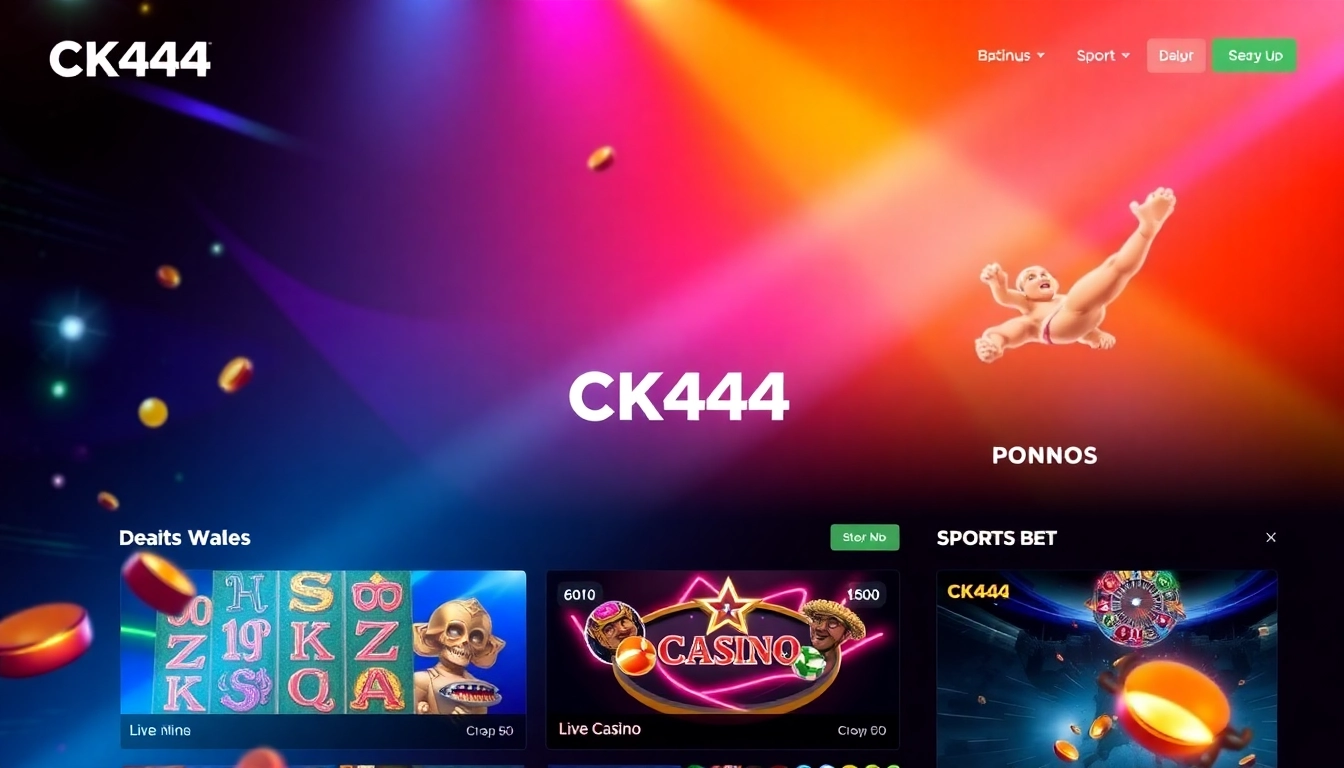 CK444 online gaming platform interface featuring slots, live casino, and sports betting with engaging visuals.