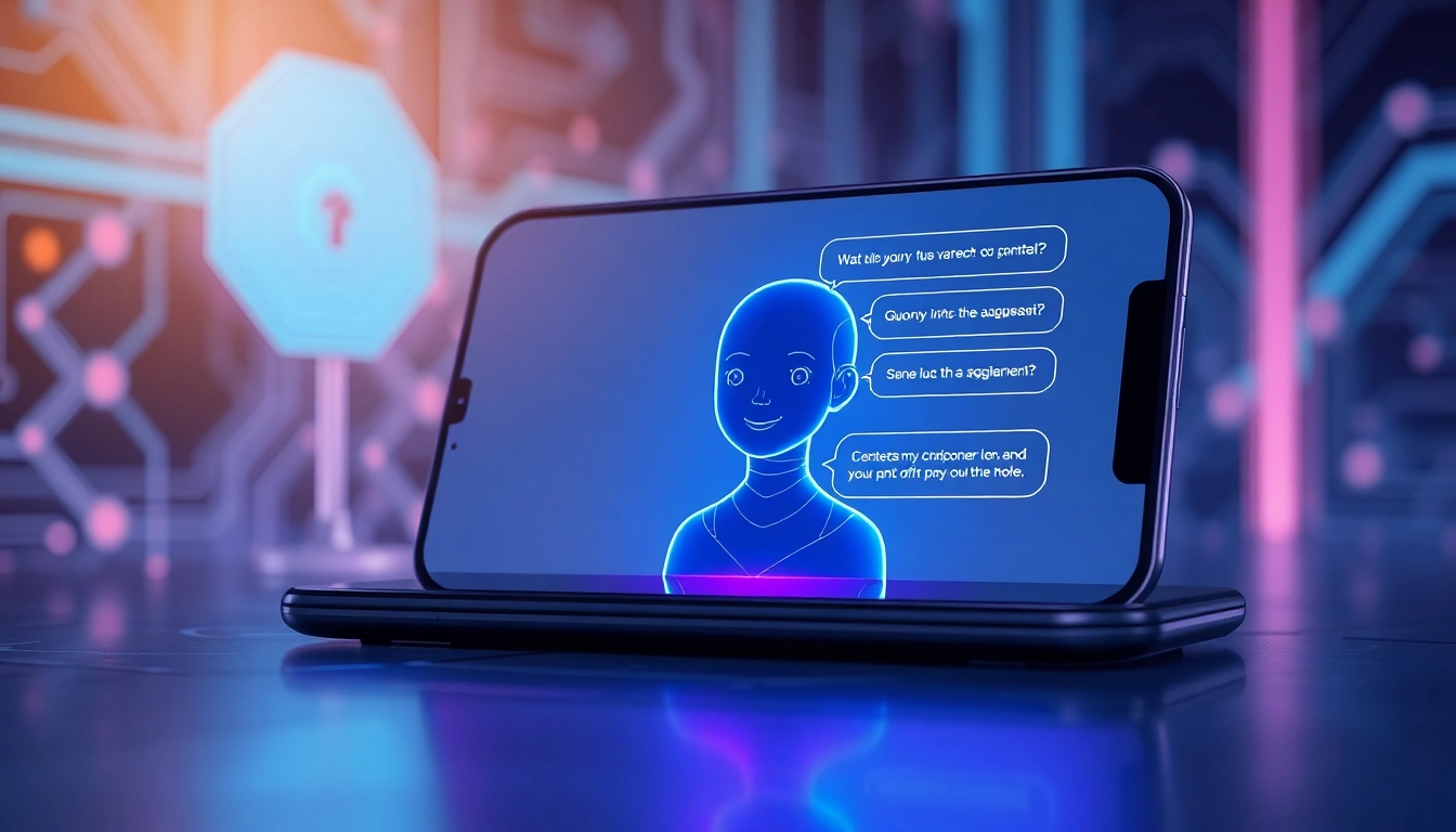 Futuristic AI chatbot interface with a humanoid AI character emerging from a sleek device screen, glowing neon accents, and a tech-inspired background