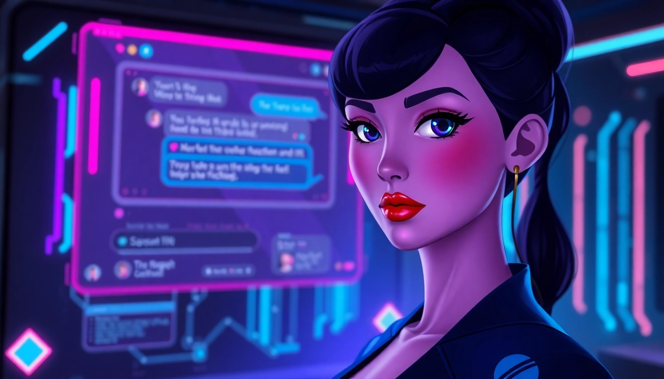 Futuristic digital chat interface with an AI character in a high-tech virtual environment